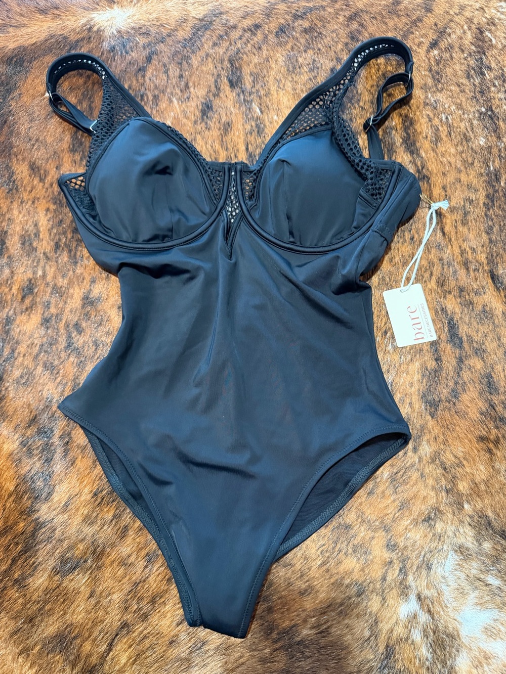 Bare Slimming Underwire Mesh Plunge One-Piece Swimsuit Size 32DDD NWT black